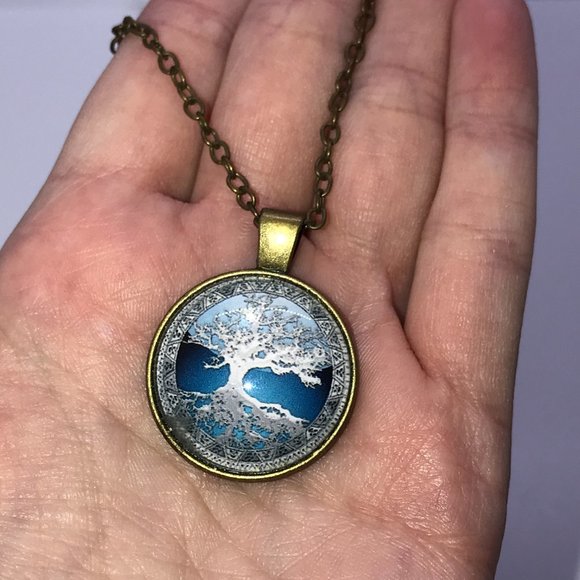 18" Blue Tree and Reflection Brass Necklace - Picture 3 of 5